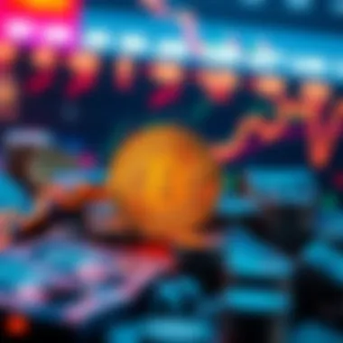 A visual representation of Bitcoin's market value with rising graphs and symbols of money, showing its worth over time.