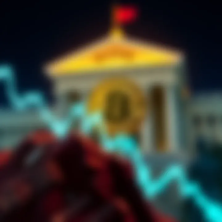 Bitcoin Value Dropping Graph showing Bitcoin value decreasing with Bank of Japan symbol in the background