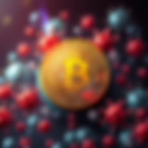 Graphic showing Bitcoin symbol surrounded by virus icons, illustrating the controversial idea that Bitcoin is like a virus, impacting investments.