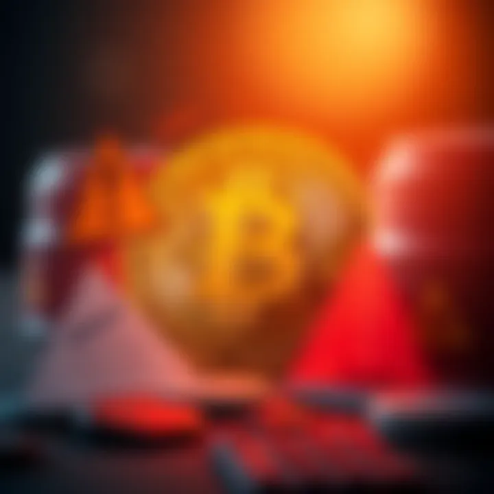 A Bitcoin symbol surrounded by caution signs representing risks and concerns.