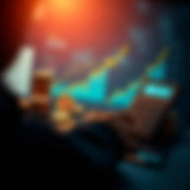 Bitcoin Wealth Visualization A person looking at a chart showing Bitcoin growth alongside stacks of coins and a calculator, indicating potential wealth.