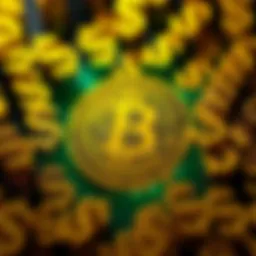 A Bitcoin symbol surrounded by dollar signs, representing wealth and investment