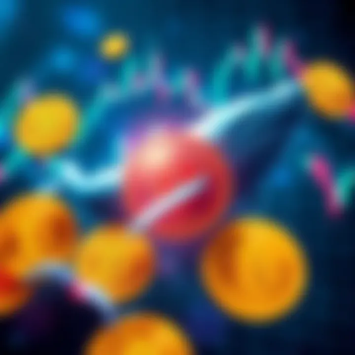 A visual representation of Bitcoin whales affecting cryptocurrency market trends with large Bitcoin symbols in a fluctuating graph background.