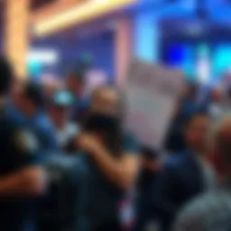 A crowd at the Bitcoin 2026 conference in Las Vegas, with a woman holding a sign being escorted out by security, while others look on surprised.