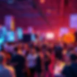A bustling scene from the Bitcoin 2026 convention with attendees discussing digital currency.