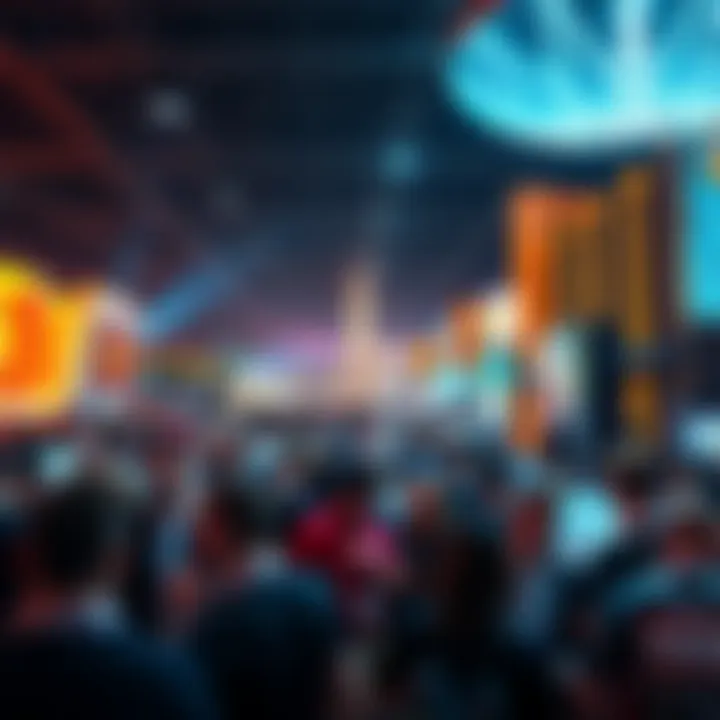 A crowded convention center in Las Vegas filled with people discussing Bitcoin and cryptocurrency.