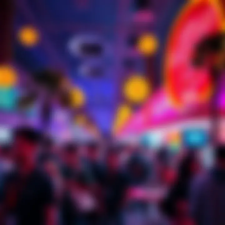 Crowd of people enjoying a Bitcoin meetup in Las Vegas with vibrant decorations and networking activities.