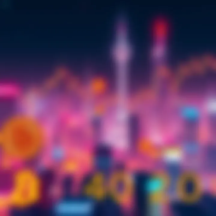 A futuristic city skyline with digital Bitcoin symbols and market graphs, representing the future of Bitcoin in 2040 after halvings