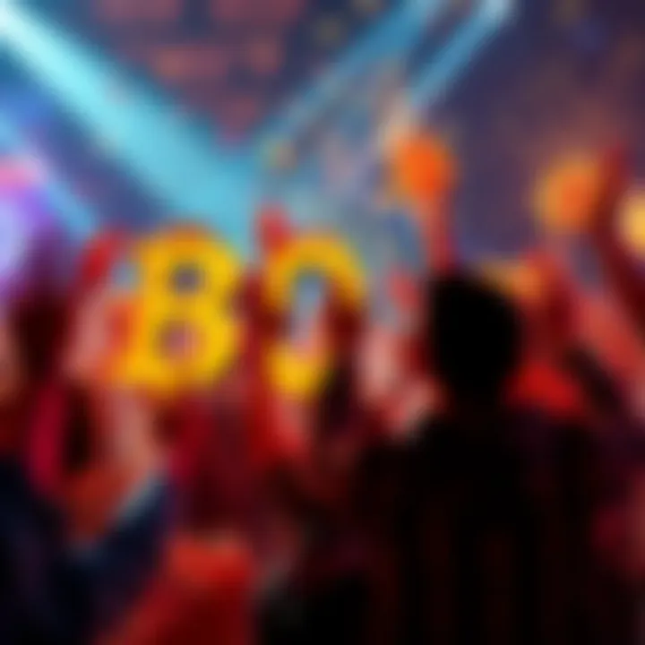 Celebration of Bitcoin reaching 80k with excited people and cryptocurrency visuals