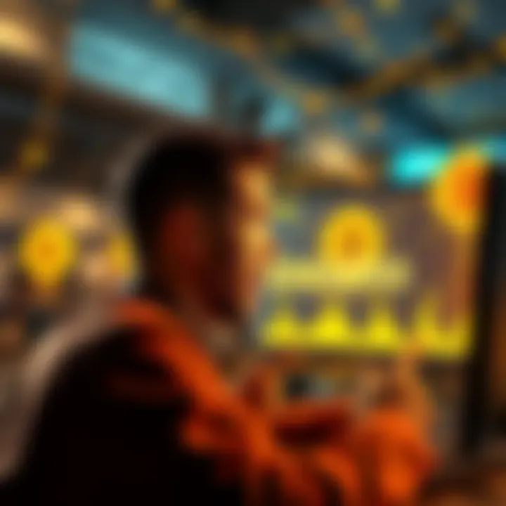 A surprised person looking at a computer screen showing a Bitcoin account balance of $60,000, with a celebratory atmosphere in the background.
