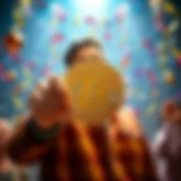 A person holding a Bitcoin symbol with a big smile, surrounded by confetti and festive decorations, representing their achievement of owning one full Bitcoin.