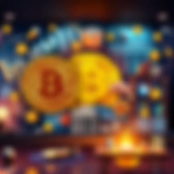 A collage showing Bitcoin symbols, banks, and people discussing finance at home