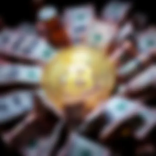 A graphic showing a Bitcoin symbol surrounded by cash notes, symbolizing the growing trust in digital currency as cash transactions increase.