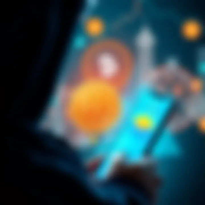 A person looking at a Bitcoin graphic on a smartphone, with symbols of inflation and banks in the background.