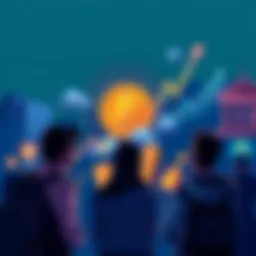 Bitcoin adoption triggers Illustration showing rising Bitcoin graph, people considering purchases, and symbols of banks and inflation