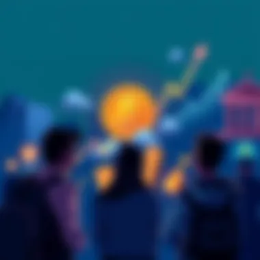 Bitcoin adoption triggers Illustration showing rising Bitcoin graph, people considering purchases, and symbols of banks and inflation