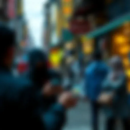 People using smartphones to access Bitcoin in a busy street with economic struggles visible in the background