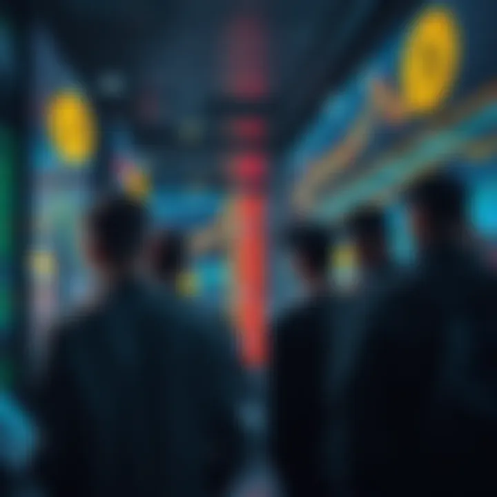 A group of concerned people looking at fluctuating Bitcoin charts on screens, displaying uncertainty and contemplation about digital currency's future.