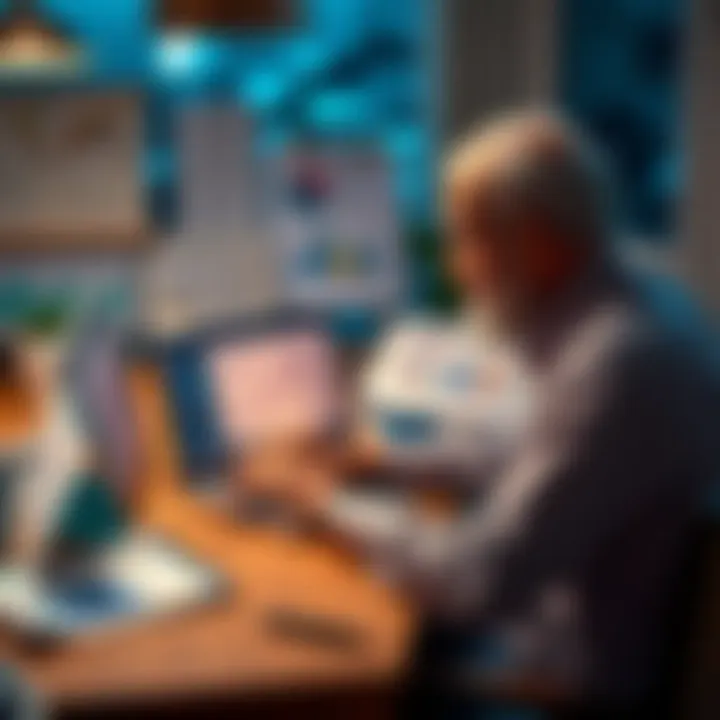 A person sitting at a table with a laptop, analyzing Bitcoin graphs and charts, surrounded by retirement planning materials.