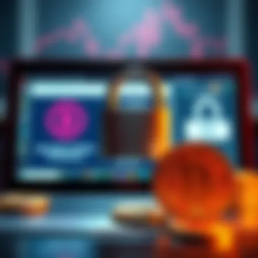A visual representation showing Bitcoin symbols with a padlock and a computer screen displaying age verification prompts, symbolizing the intersection of cryptocurrency and online security.