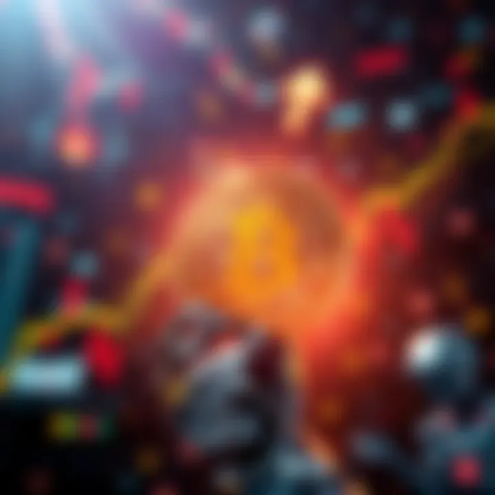 A graphic showing Bitcoin symbol soaring up while AI icons like robots and data streams surround it, reflecting market trends