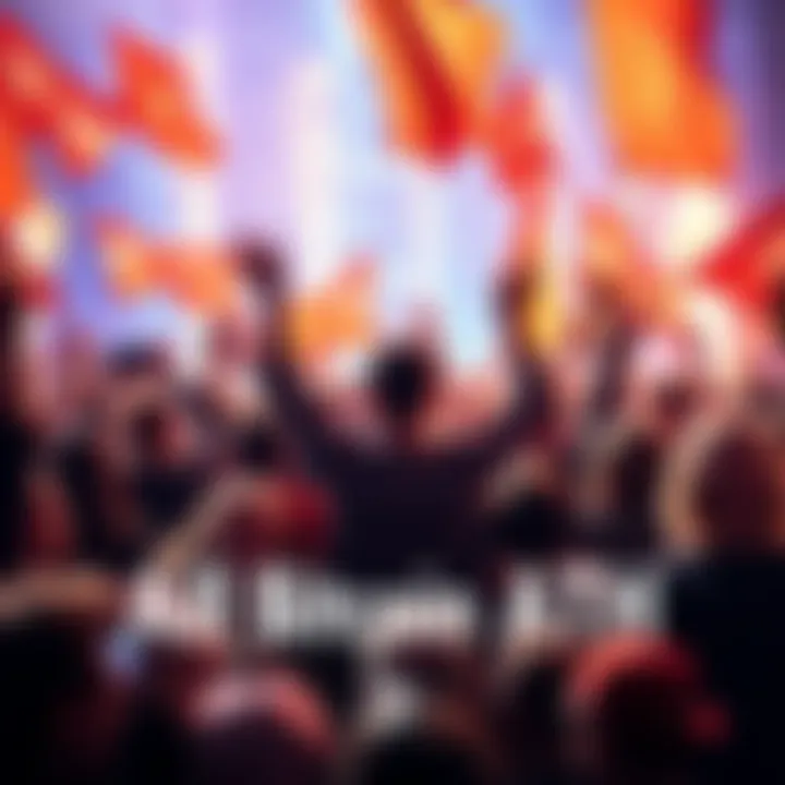A group of excited crypto enthusiasts celebrating Bitcoin's new all-time high with flags and banners in a lively atmosphere.