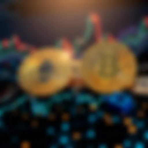 A graphic showing Bitcoin symbol and alt-coins like Ethereum and Solana being swapped, representing trading in cryptocurrency.