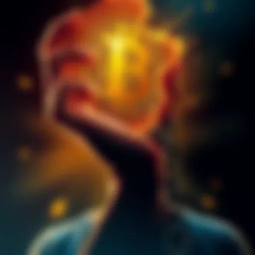 A person holding a Bitcoin symbol above their head with a broken chain representing freedom from traditional currency systems.