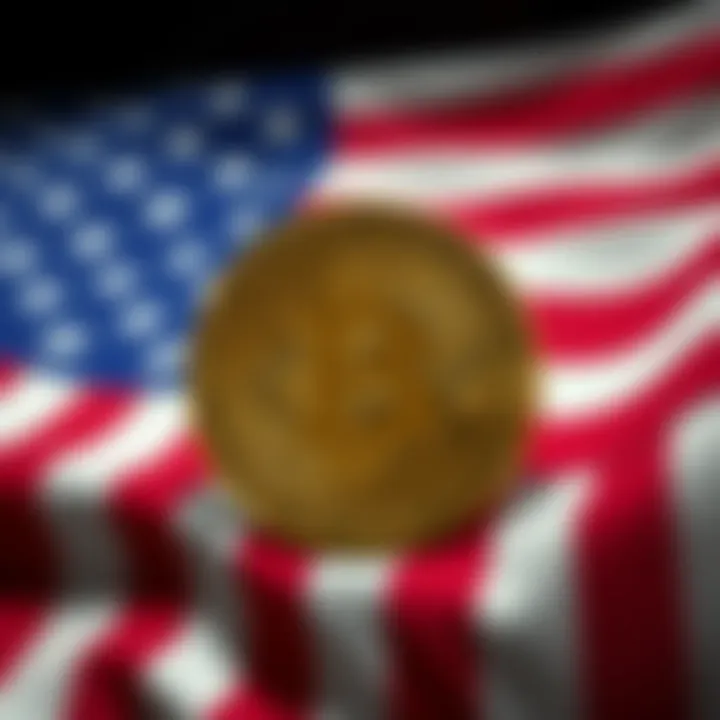 A Bitcoin symbol in front of an American flag, representing freedom and individual choice.