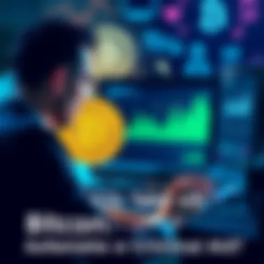 A person analyzing Bitcoin transactions on a computer screen, with images of money and crime symbols in the background.