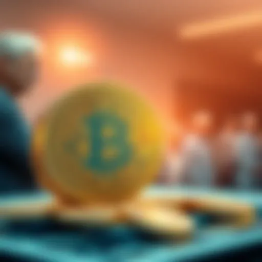 A graphical representation showing Bitcoin coins alongside a healthcare symbol, with an aging population in the background, highlighting the financial aspect of health innovations.