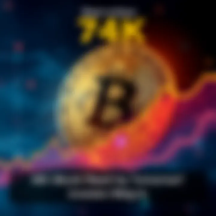 Bitcoin approaching 74K mark Graph showing Bitcoin price nearing 74K, with upward trend and investors discussing predictions