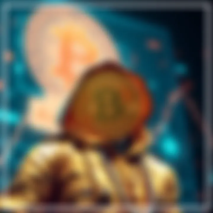 A man representing Bitcoin, dressed in gold-colored attire, symbolizing wealth and technology, with a digital background depicting cryptocurrency elements.