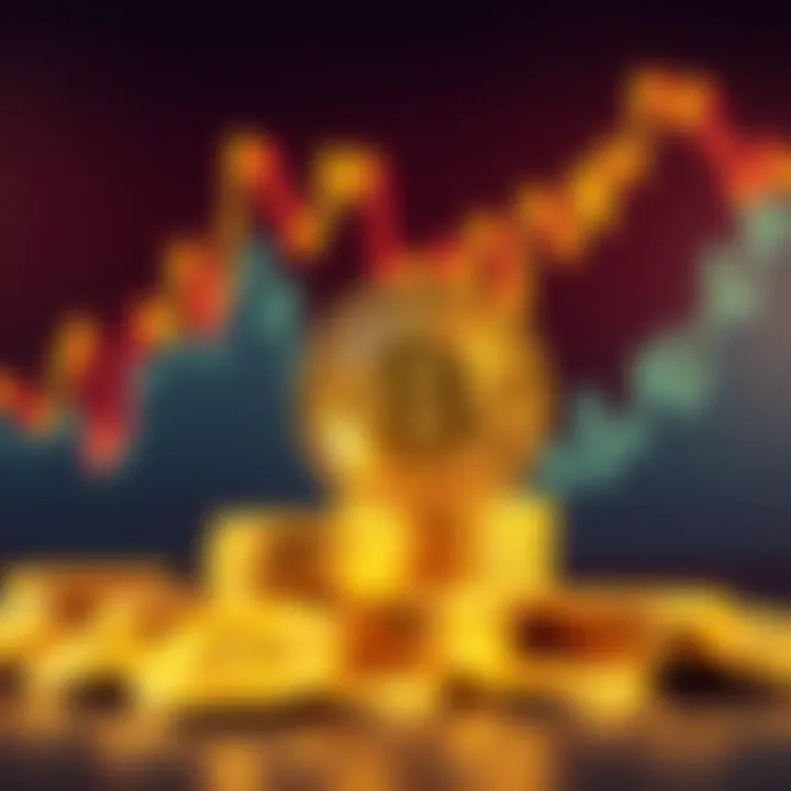 A stack of golden Bitcoin coins with a downward trend graph in the background, symbolizing its speculative nature.