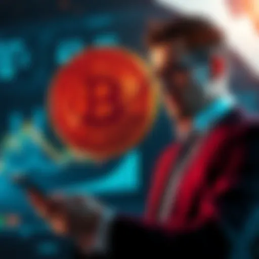A visual representation of Bitcoin facing challenges, depicting a downward trend with a Bitcoin symbol and a worried businessman looking at financial data.