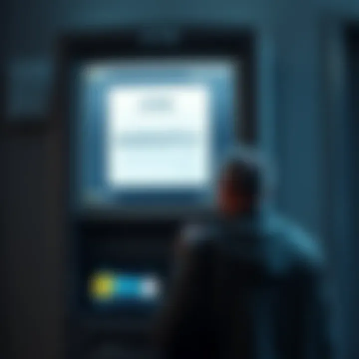 A Bitcoin ATM displaying a bankruptcy notice with a stressed investor looking on.