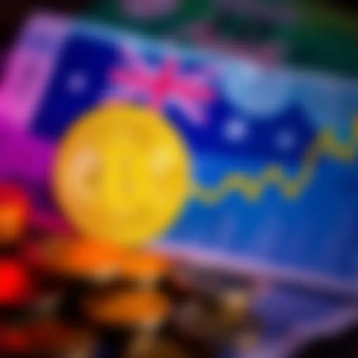 A visual representation of Bitcoin against a backdrop of Australian currency and a rising house price graph, illustrating economic challenges in Australia.