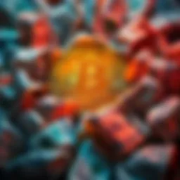 A glowing Bitcoin symbol surrounded by crumpled dollar bills, representing the contrast between cryptocurrency and traditional money.