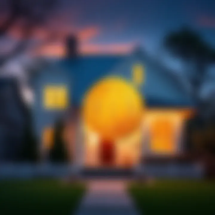 A house with a bitcoin symbol in front, representing a mortgage supported by cryptocurrency.