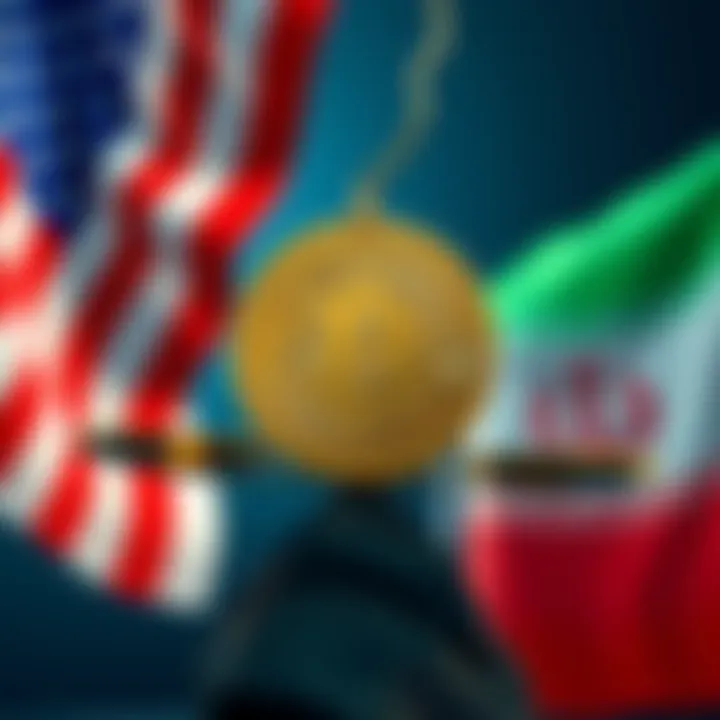 A graphic showing a Bitcoin symbol with a backdrop of US and Iran flags, symbolizing the tension between the two countries and its potential impact on cryptocurrency prices.