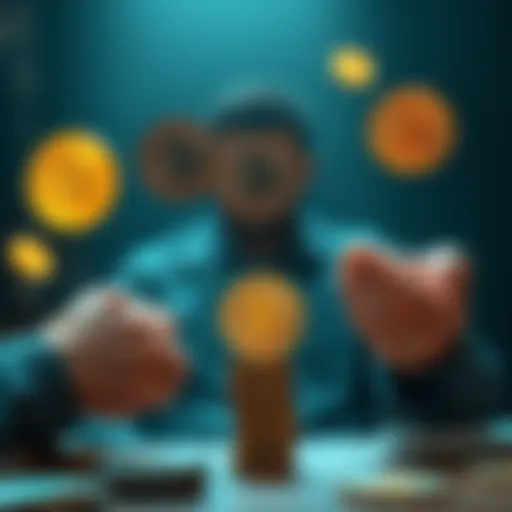 Individual juggling Bitcoin coins and everyday bills, illustrating financial stress management