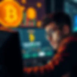 A person looking frustrated while checking their Bitcoin and bank withdrawal status on a computer screen, with icons representing Bitcoin and money transfers in the background.