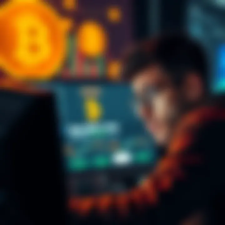 A person looking frustrated while checking their Bitcoin and bank withdrawal status on a computer screen, with icons representing Bitcoin and money transfers in the background.
