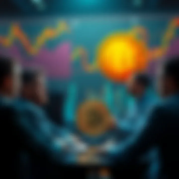 A group of people discussing Bitcoin and Bitcoin Cash, with charts and graphs showing transaction data and market trends in the background.