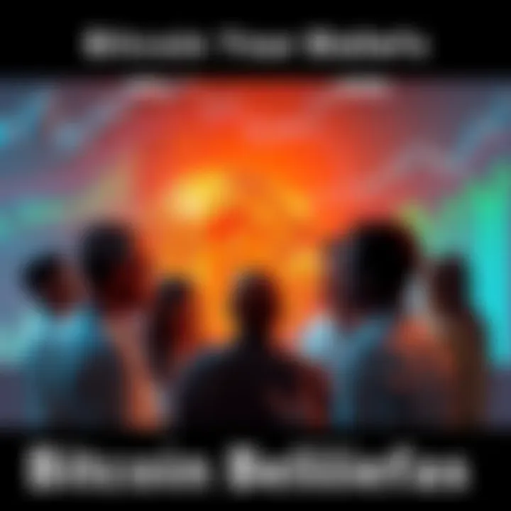 A group of diverse people discussing Bitcoin and its impact on finance with charts and graphs in the background.