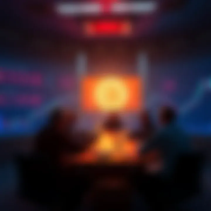 Group of people discussing Bitcoin investment strategies in a dimly lit room amid financial charts