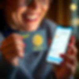 A person holding a birthday card with a bitcoin logo, smiling at a smartphone displaying cryptocurrency details.