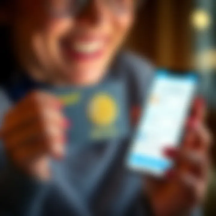 A person holding a birthday card with a bitcoin logo, smiling at a smartphone displaying cryptocurrency details.