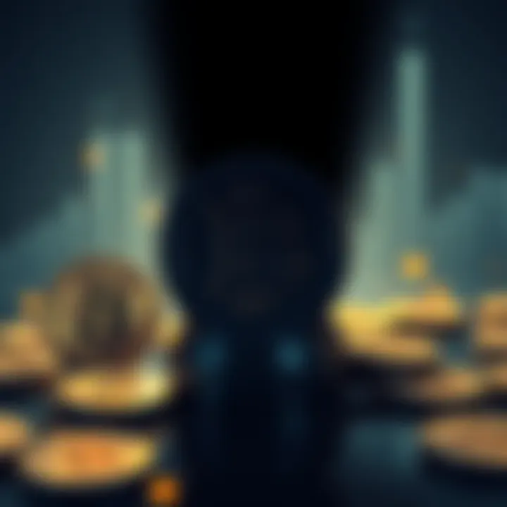 An illustration showing Bitcoin coins with a shadow of BlackRock's logo looming over them, symbolizing market influence.