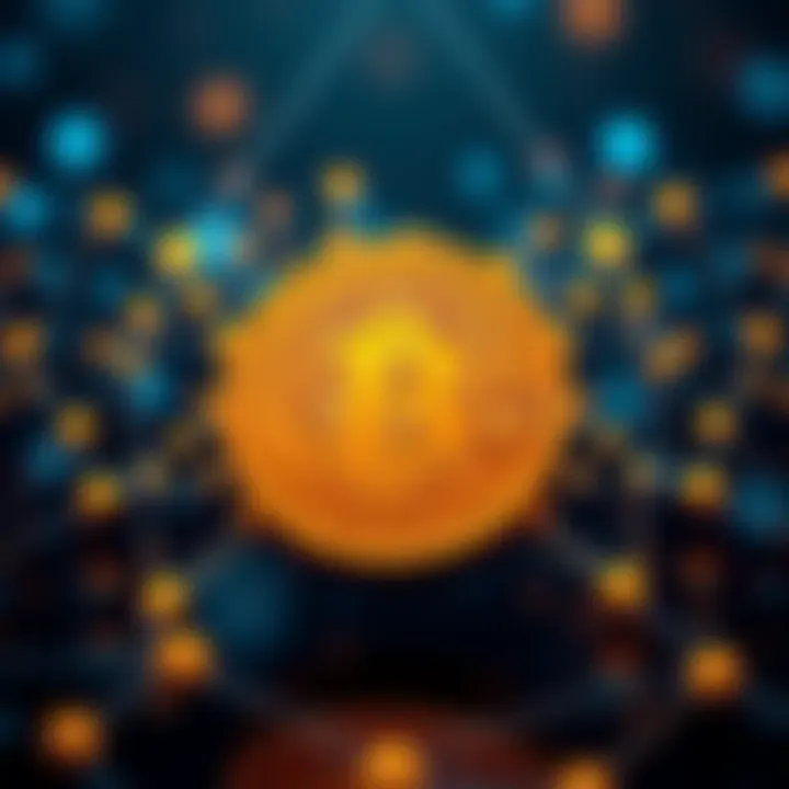 A graphic showing the Bitcoin logo with blockchain connections around it, representing digital currency and its network.